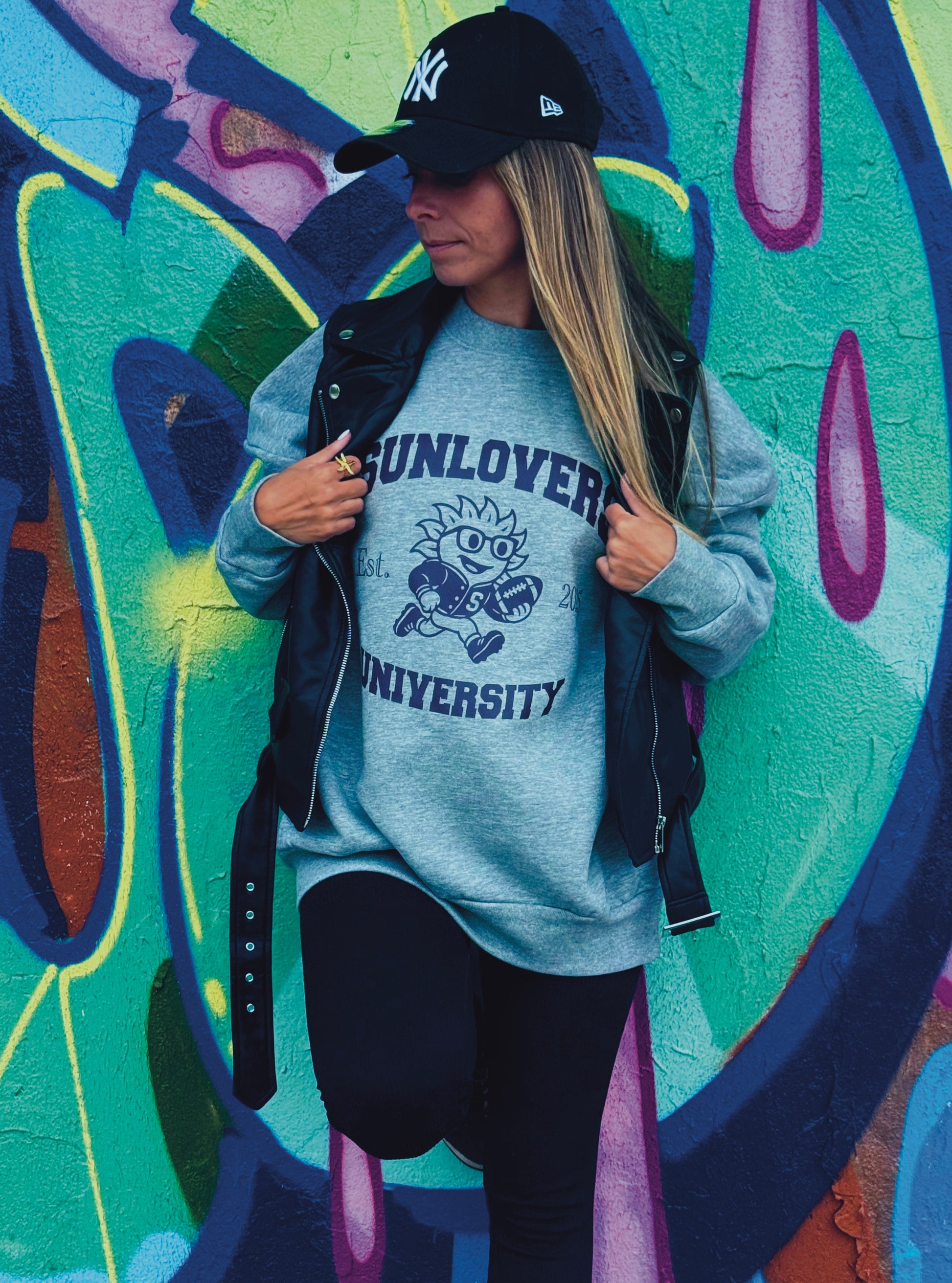 Sweat University Sunlovers Gris / Flocage bleu