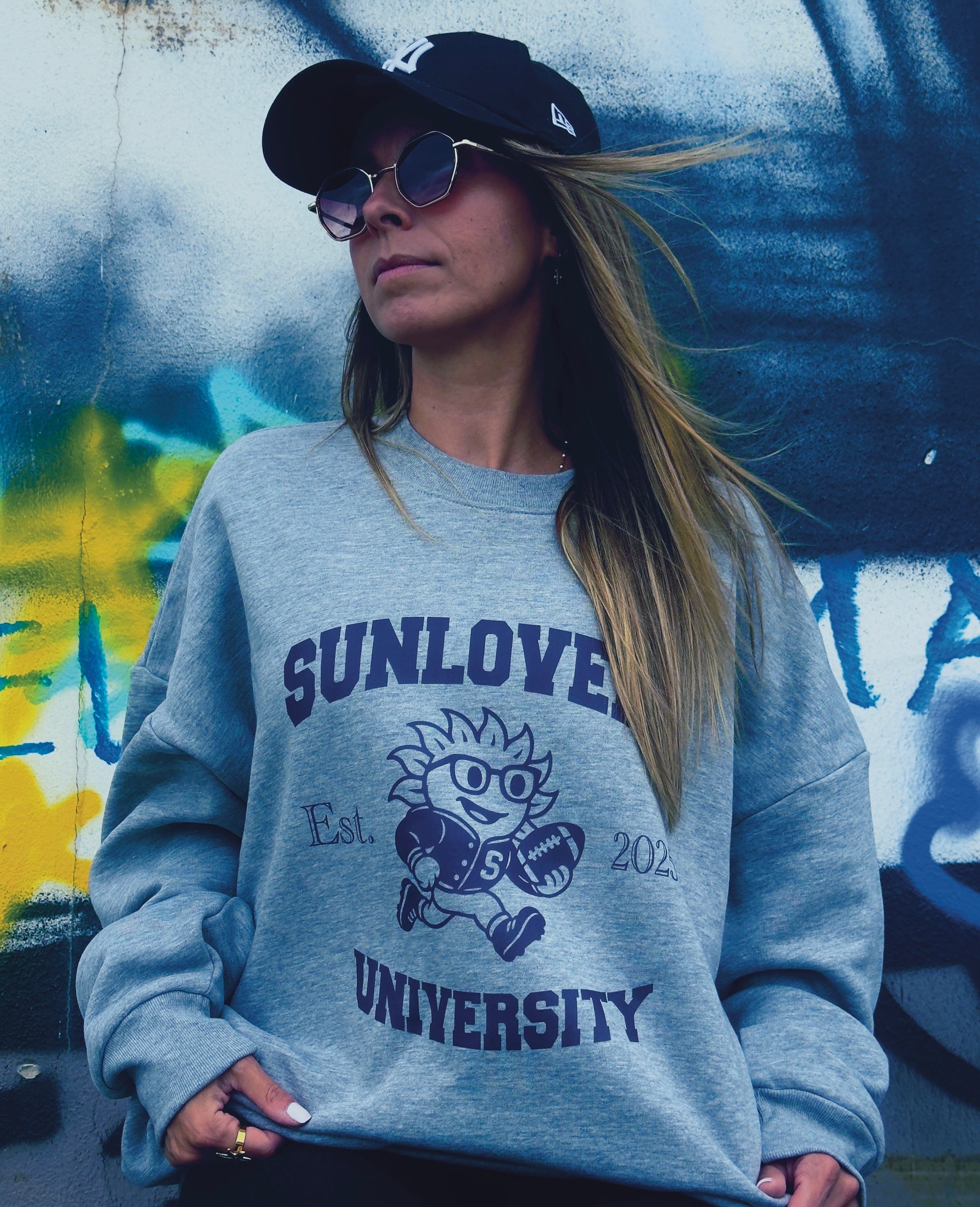 Sweat University Sunlovers Gris / Flocage bleu