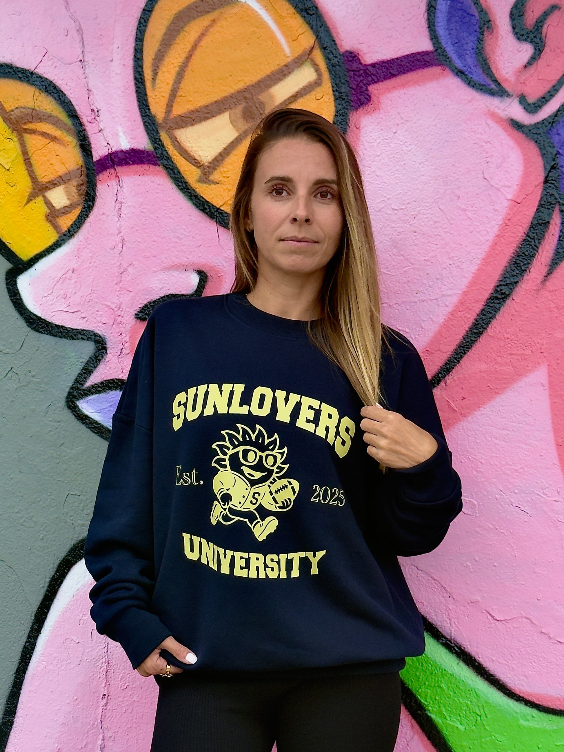 Sweat University Sunlovers Bleu navy / flocage jaune