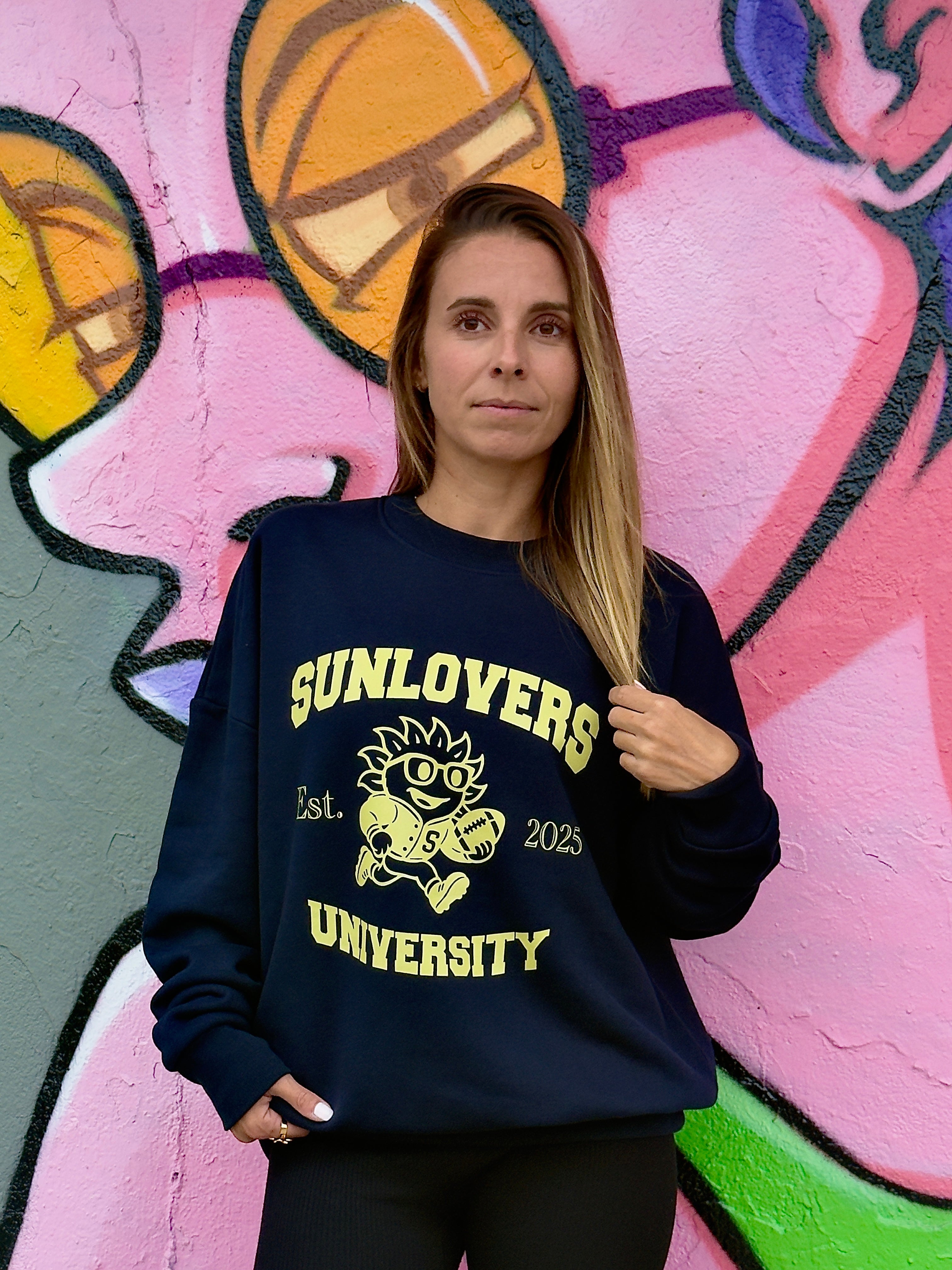 Sweat University Sunlovers Bleu navy / flocage jaune