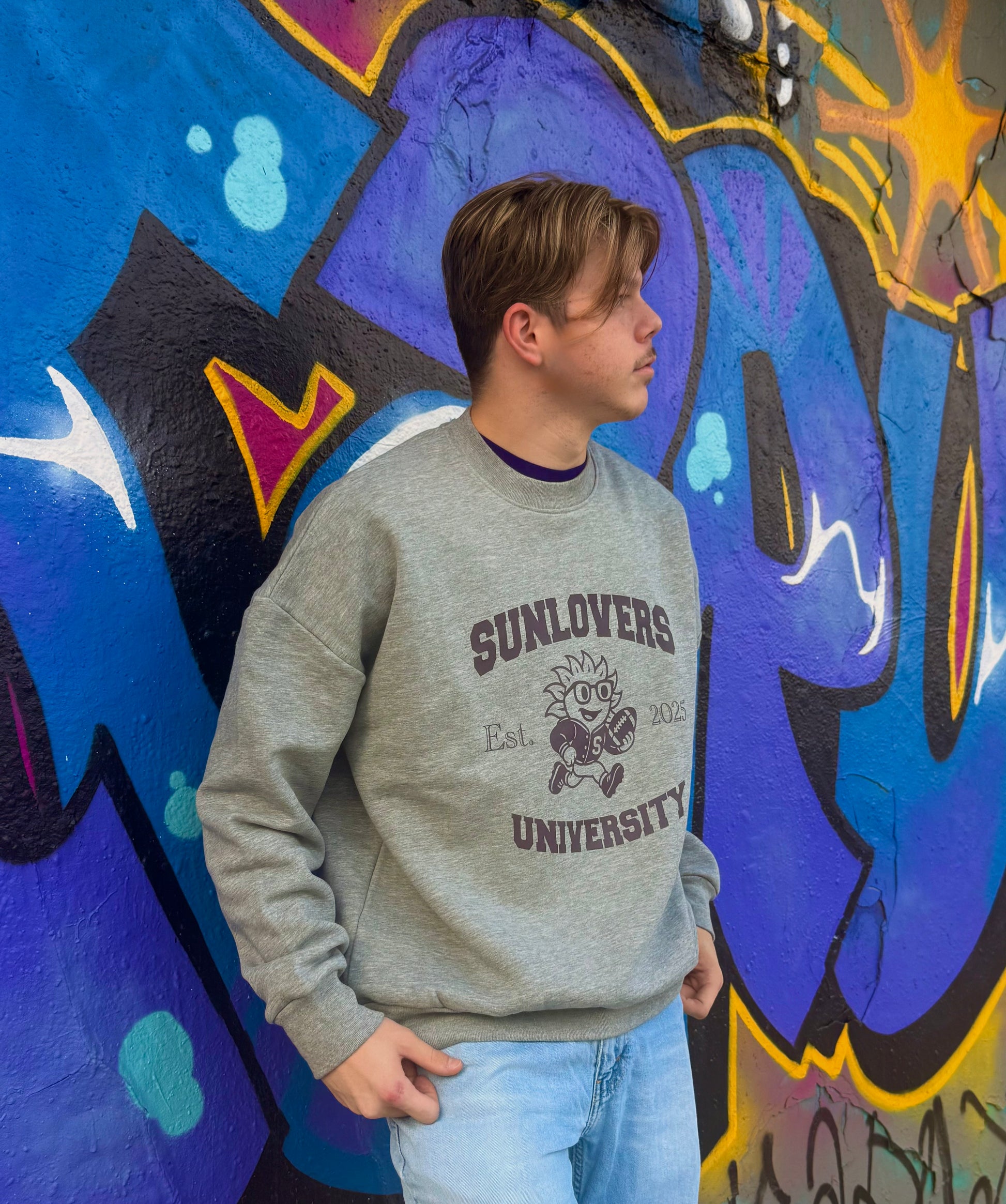 Sweat University Sunlovers gris / flocage bordeaux