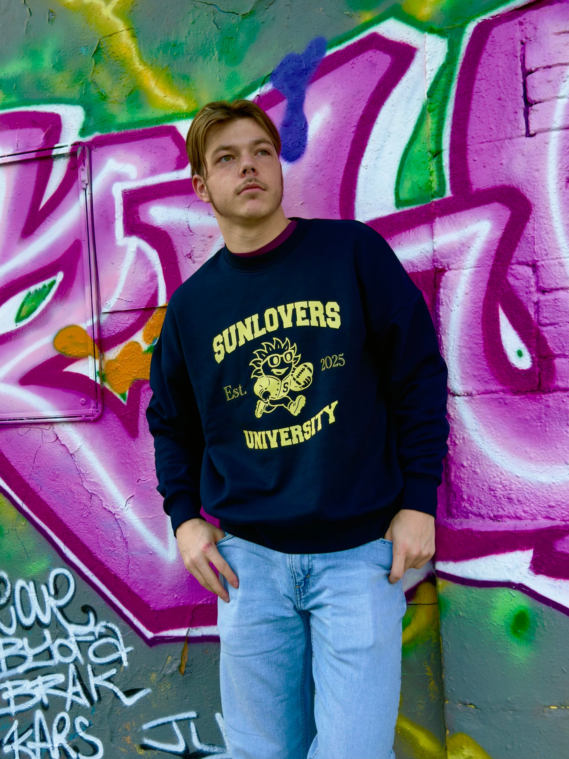 Sweat University Sunlovers Bleu navy / flocage jaune